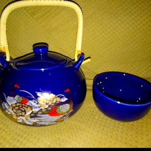 Vintage Japanese Kutani Style Blue Teapot & 6 Tea Cup Set Floral Porcelain Blue
